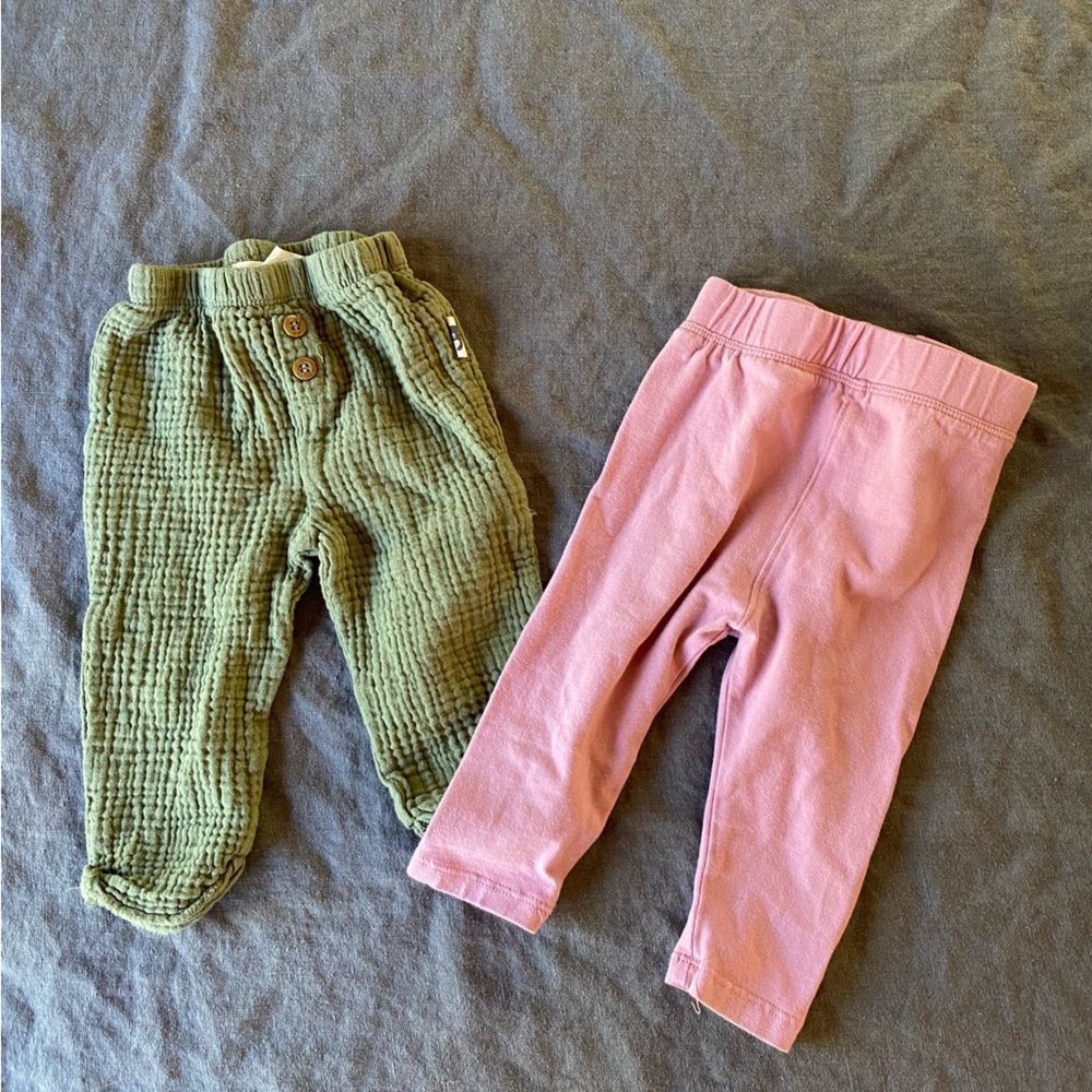 Organic Cotton Green Crinkle Pants + Pink Leggings